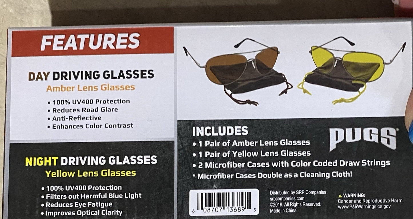 Pugs Driving Glasses: 2 Pair Day/Night with Microfiber Bags/Cleaning Cloths NEW