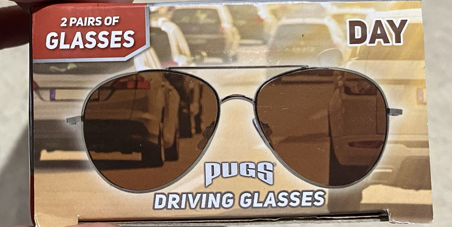 Pugs Driving Glasses: 2 Pair Day/Night with Microfiber Bags/Cleaning Cloths NEW