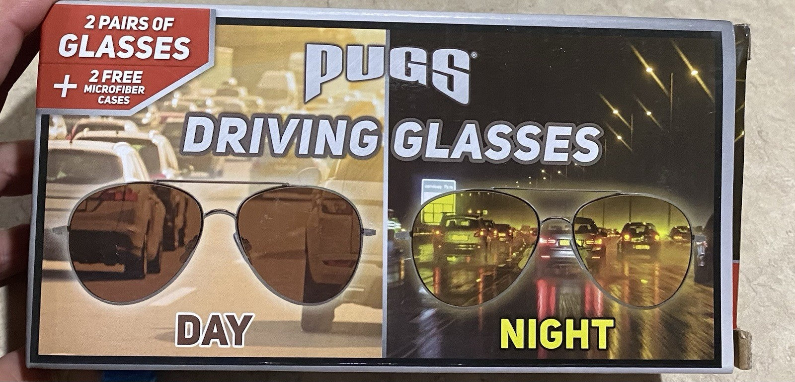 Pugs Driving Glasses: 2 Pair Day/Night with Microfiber Bags/Cleaning Cloths NEW