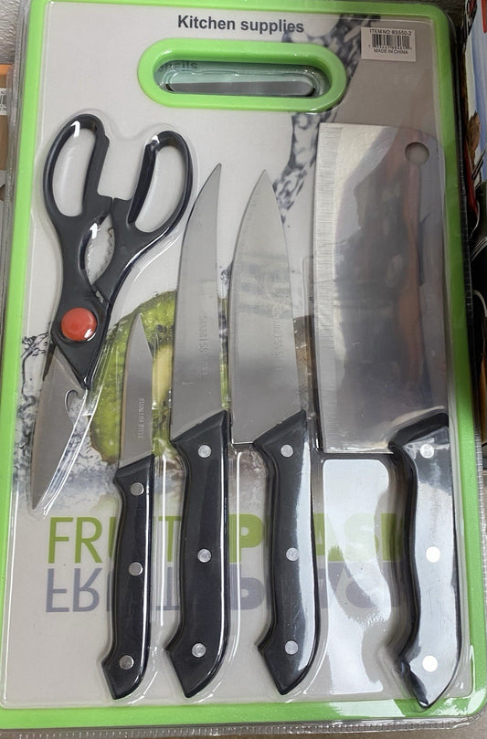 FruitSplash Kitchen Set 1 Set of Scissors, 4 Kinds of Knives Cutting Board NEW
