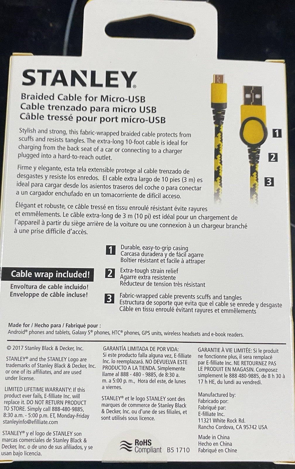 Stanley Braided Cable for Micro-USB Cable 10' Durable USB Cord Phone Tablet NEW