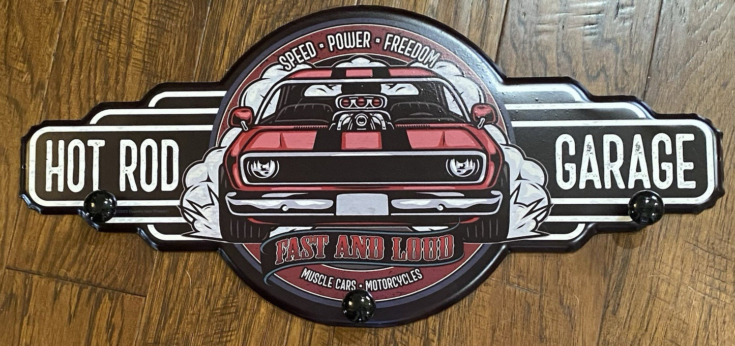 Hot Rod Garage Metal Coat Rack Hat Hanger with 3 Hooks Approx 24" X 12" NEW