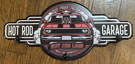 Hot Rod Garage Metal Coat Rack Hat Hanger with 3 Hooks Approx 24" X 12" NEW