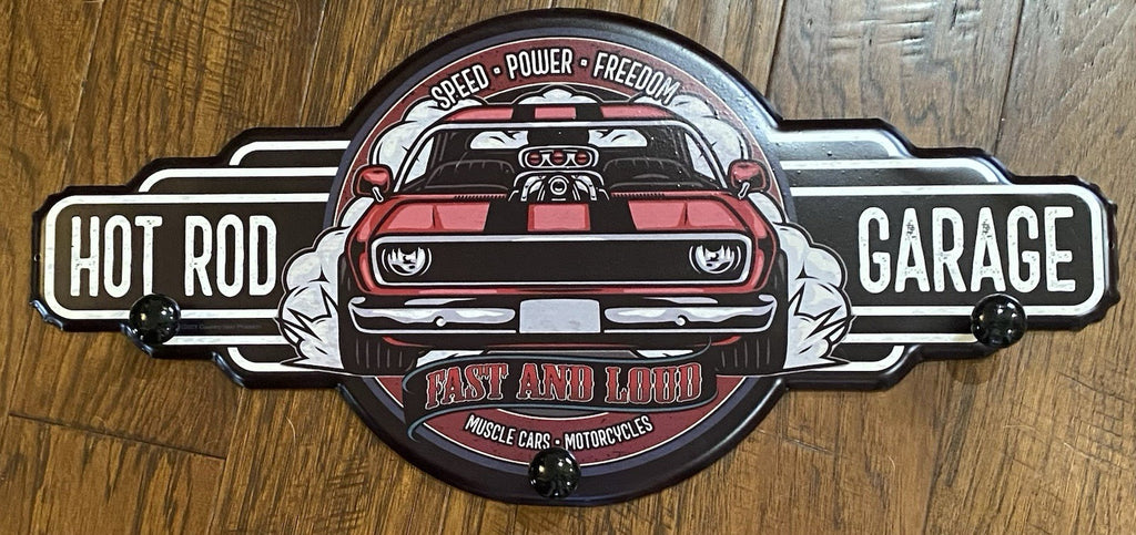 Hot Rod Garage Metal Coat Rack Hat Hanger with 3 Hooks Approx 24" X 12" NEW