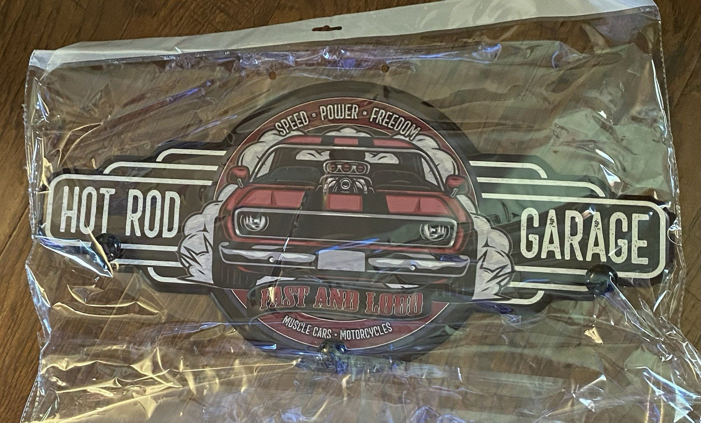 Hot Rod Garage Metal Coat Rack Hat Hanger with 3 Hooks Approx 24" X 12" NEW