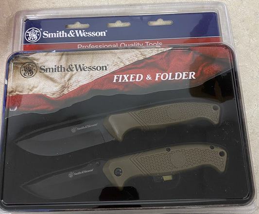 Smith & Wesson 2pc Knife Set Fixed & Folder Tin Container Brand New in Package